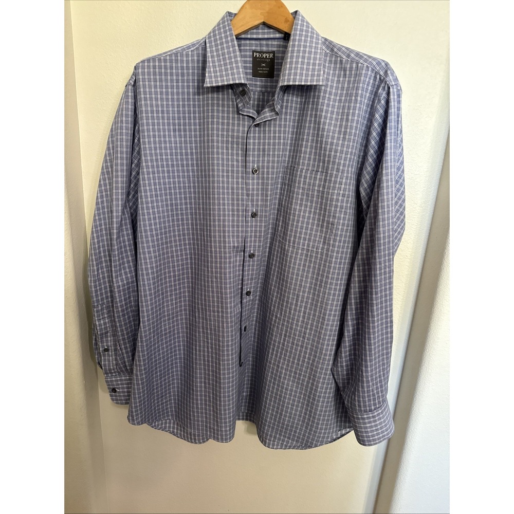 Proper‎ Cloth  Dress Shirt Men's 17.5 34 35 Blue Check Business Button-Down